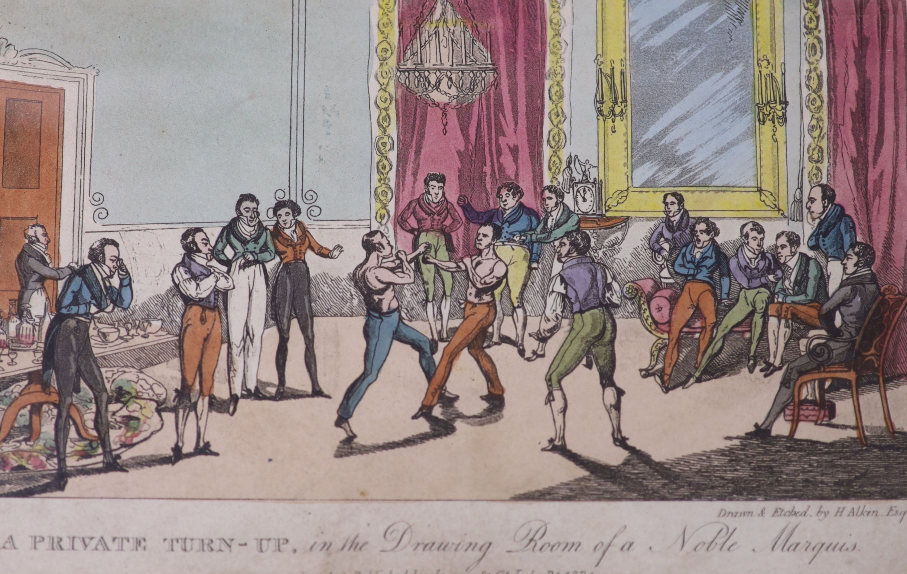Henry Alken (1785-1851). Bare Knuckle Boxing/Pugilist interest: 'A private Turn-up, in the Drawing Room of a Noble Marquis'; dated 1821., 10 x 18cm.